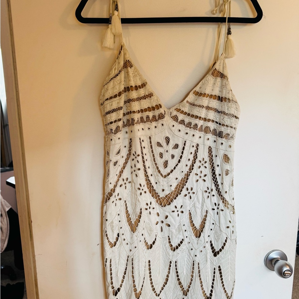 Free People PYT cream lace tassel tie boho festival Cream and Brown Mini Dress - Picture 6 of 11